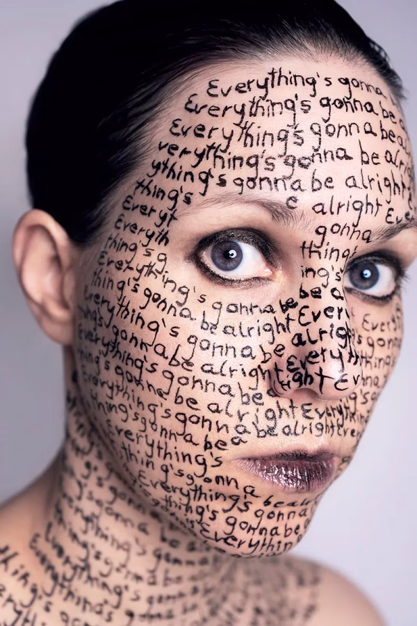 self portrait with text on face - blog post about Photography Self Expression
