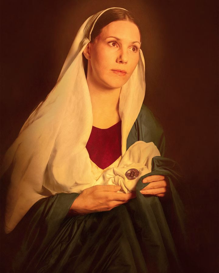fine art portrait photograph of woman holding bitcoin