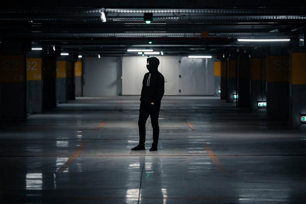 cinematic photography photo of a man in a parking garage